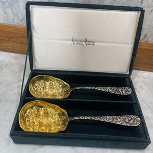 set of two Godinger for Neiman Marcus silver-plated strawberry serving spoons